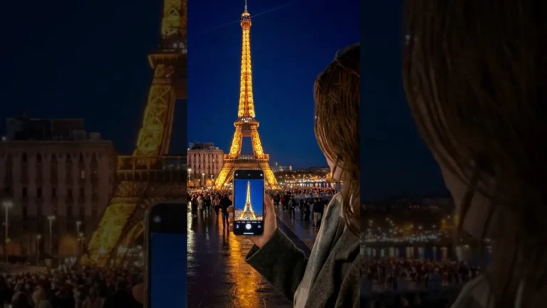 La Torre Eiffel illuminata di sera sul lungomare di Bari, con la folla e una ragazza che la riprende con lo smartphone: fotogramma del video generato con l'AI da Art of God