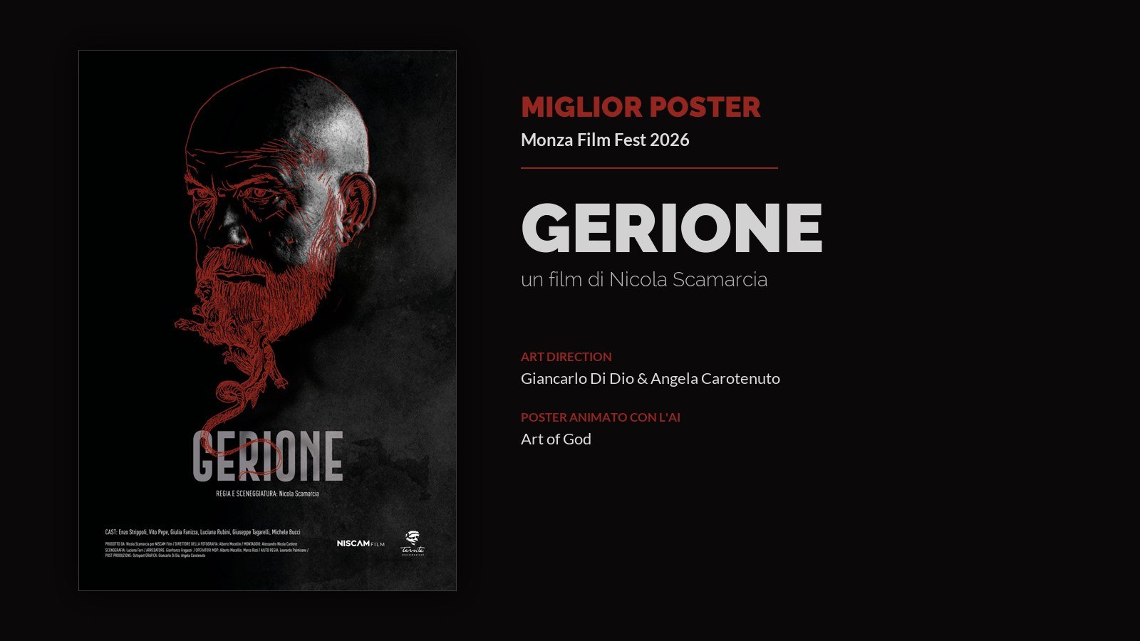 Gerione miglior poster al Monza Film Fest 2026 — art direction Giancarlo Di Dio e Angela Carotenuto, poster animato con l'AI da Art of God
