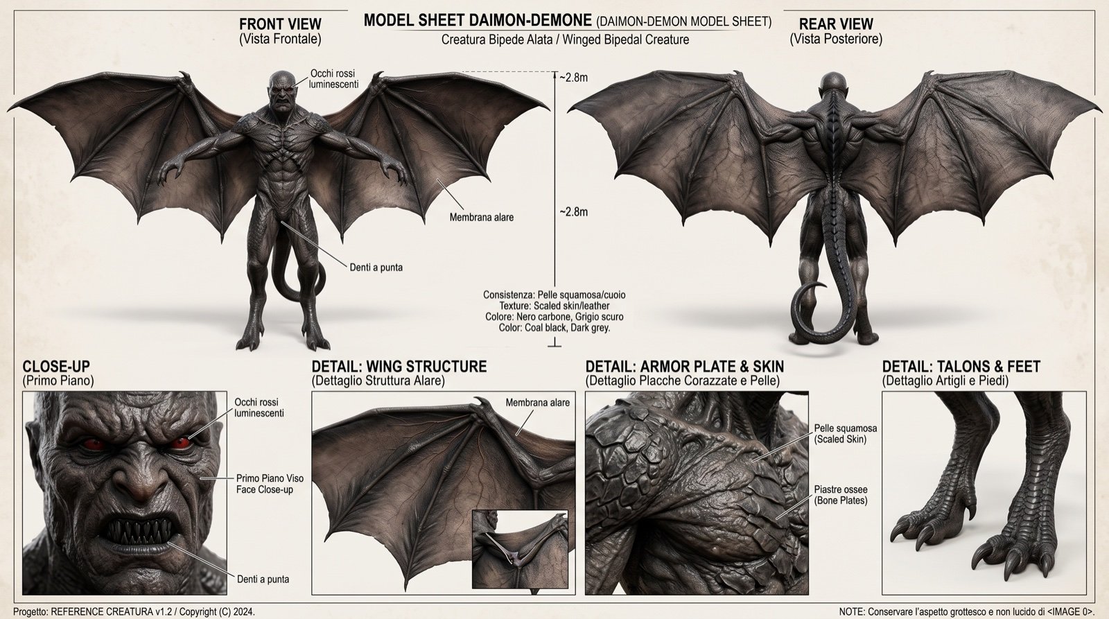 Model sheet del demone alato, reference in AI
