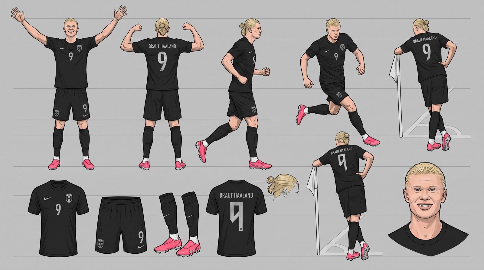Model sheet di Erling Haaland, elaborato in AI