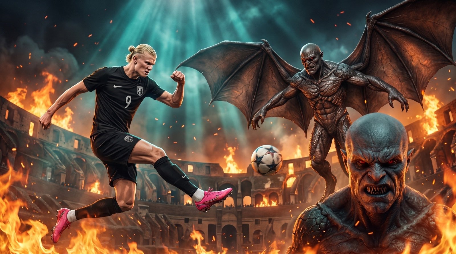 Haaland calcia il pallone contro i demoni nell'arena in fiamme — remake AI dello spot Nike Good vs Evil di Art of God