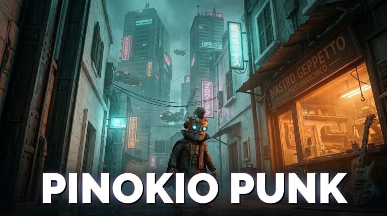 PinoKio Punk — key art del cortometraggio animato in AI: burattino di latta punk davanti alla bottega di Mastro Geppetto in una Bari cyberpunk