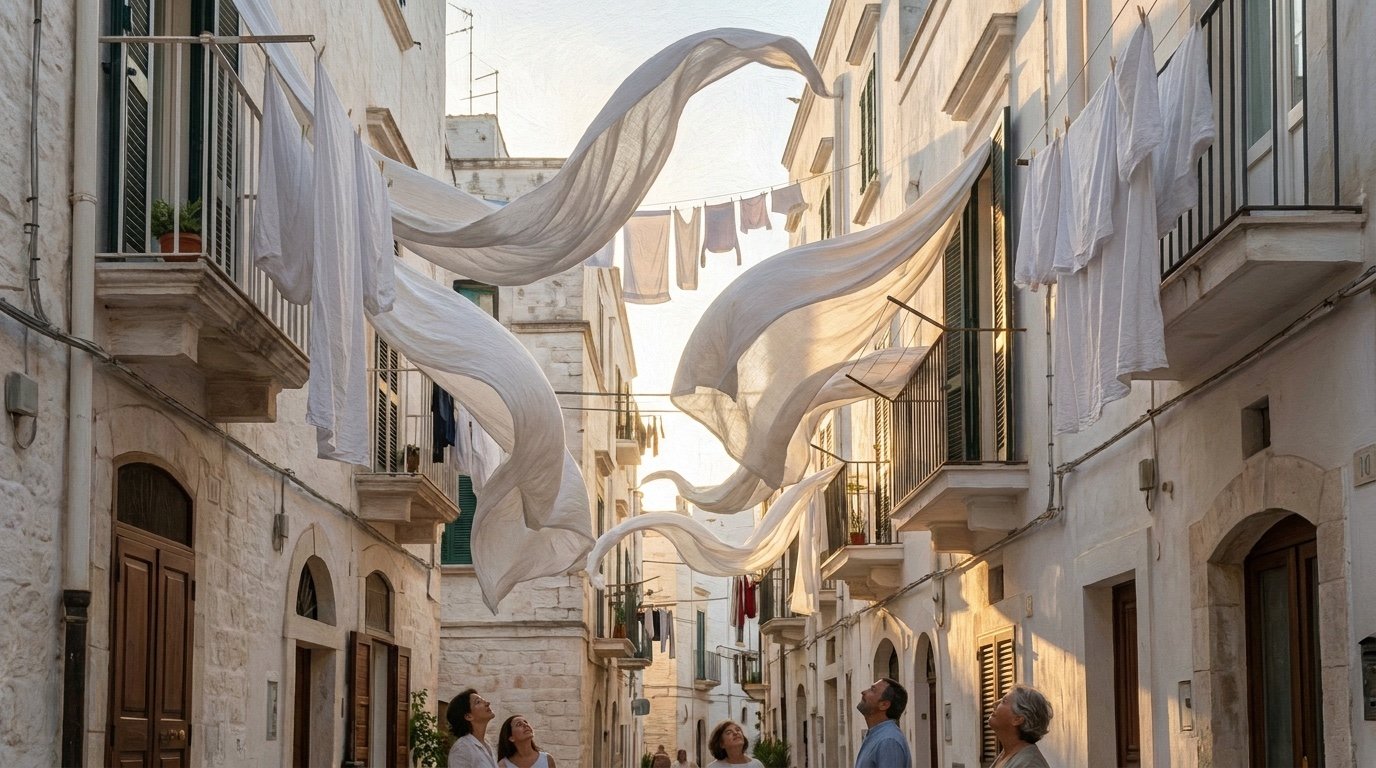 Lenzuola bianche che volano nel vento in un vicolo di Bari vecchia, come tentacoli di polpo: la visione all'origine del progetto Urban Prompt di Art of God