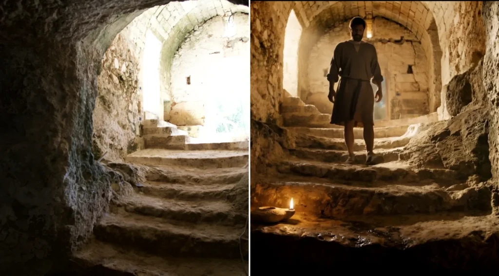 La scala scolpita nella roccia del frantoio ipogeo di Masseria Brancati: a sinistra oggi, nella foto del rilievo; a destra nella ricostruzione con AI, con il Nachiro che scende alla luce di una lucerna.