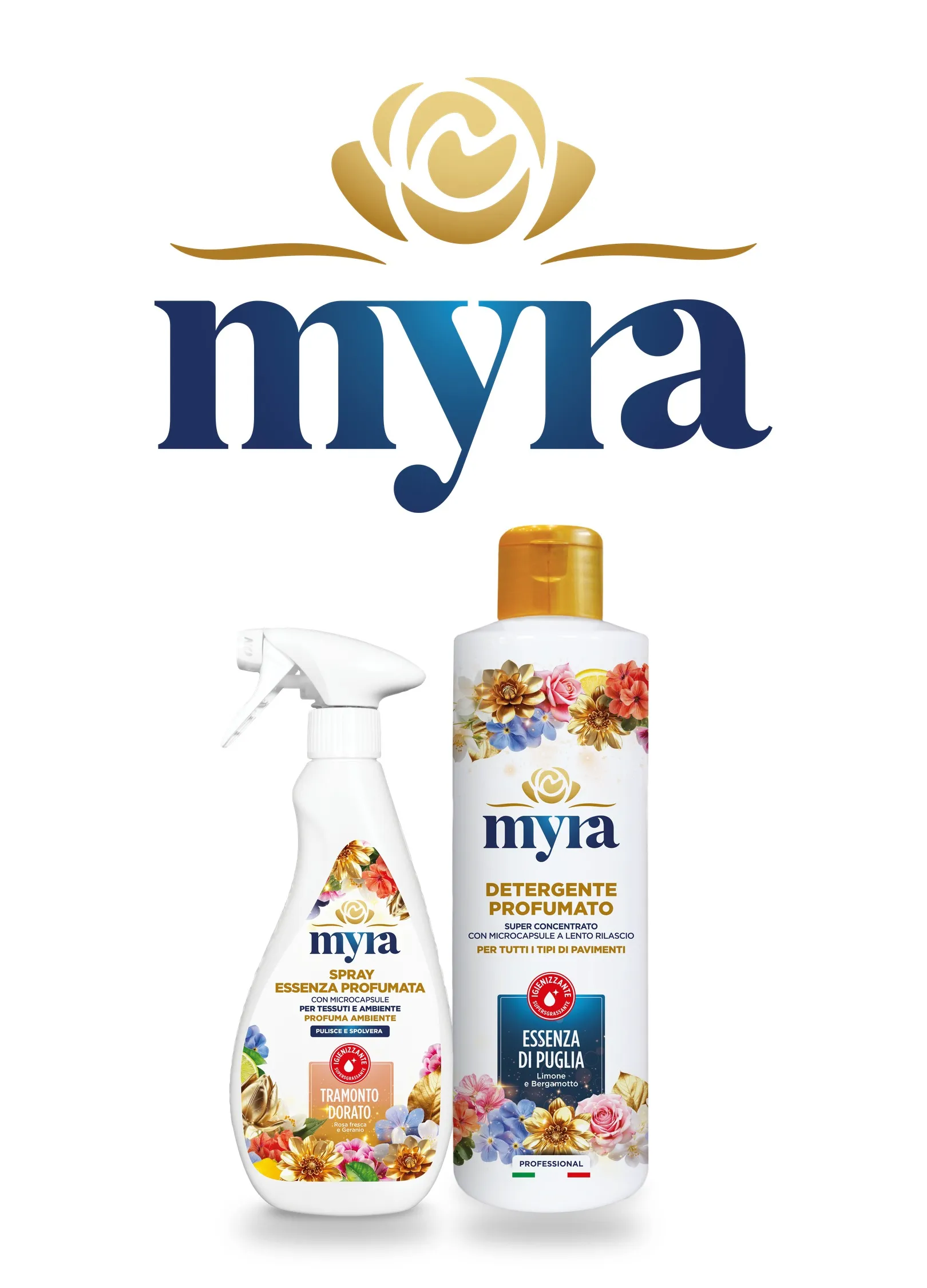 Logo MYRA con il detergente profumato Essenza di Puglia e lo spray Essenza Profumata per tessuti e ambiente
