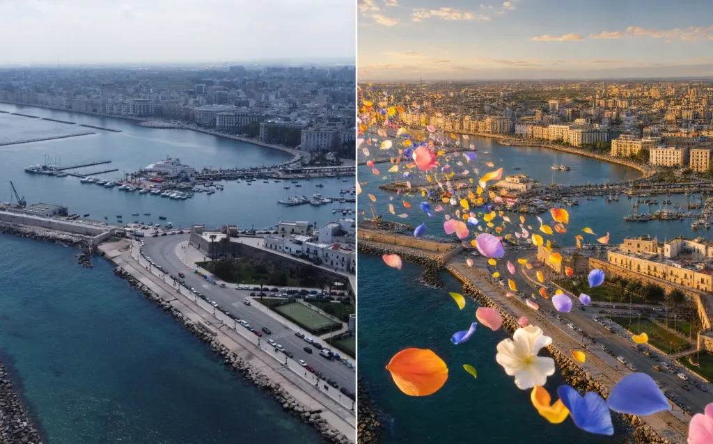 Il lungomare di Bari: a sinistra la foto drone reale, a destra lo stesso punto nello spot MYRA con i petali generati dall'AI