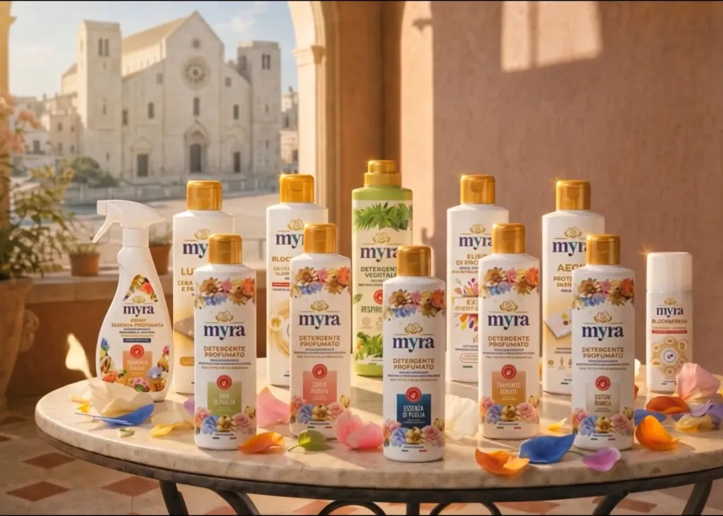 Packshot finale dello spot: i detergenti profumati MYRA su un tavolo tra i petali, con la Basilica di San Nicola alla finestra