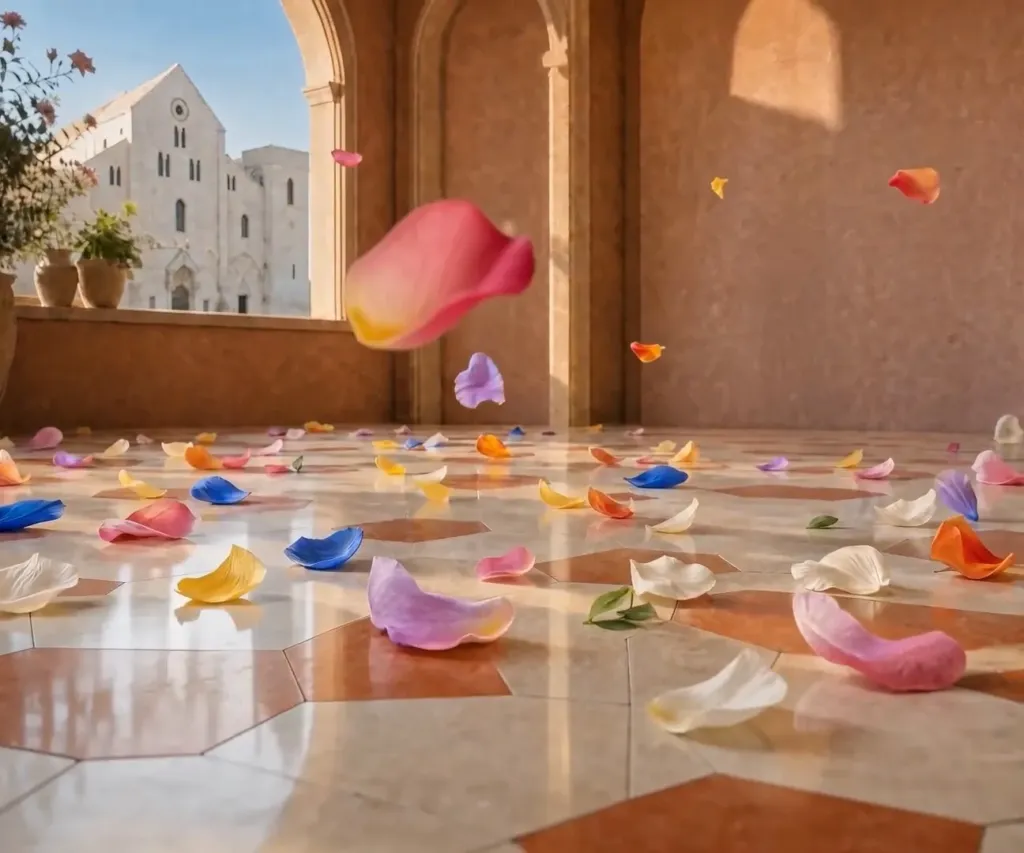 Petali che si posano sul pavimento di una casa con finestra ad arco affacciata sulla Basilica di San Nicola