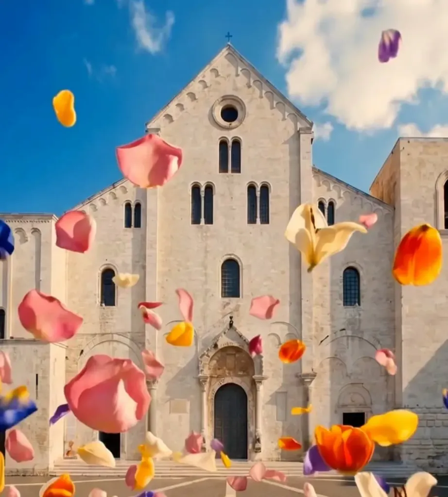 Reel verticale con intelligenza artificiale per MYRA: la facciata della Basilica di San Nicola a Bari tra i petali