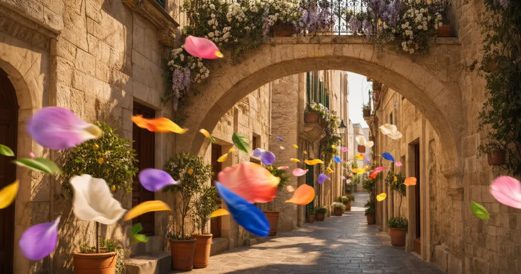 Vicolo di Bari Vecchia con arco in pietra attraversato da petali colorati, nello spot MYRA realizzato con AI