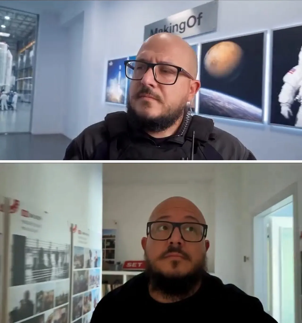 Confronto before/after a Bari: la stessa inquadratura in ufficio diventa un centro aerospaziale con l'AI (sopra il risultato AI, sotto il girato reale)