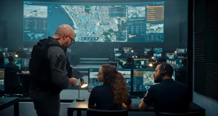 AI Video e VFX a Bari: una scrivania d'ufficio trasformata con l'AI in una sala di controllo high-tech con schermi giganti e mappe