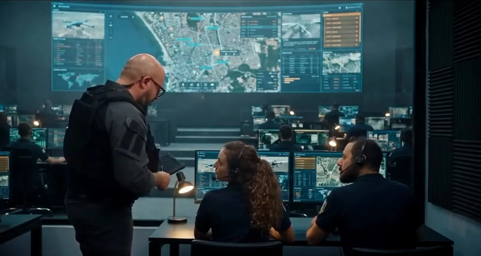 AI Video e VFX a Bari: una scrivania d'ufficio trasformata con l'AI in una sala di controllo high-tech con schermi giganti e mappe