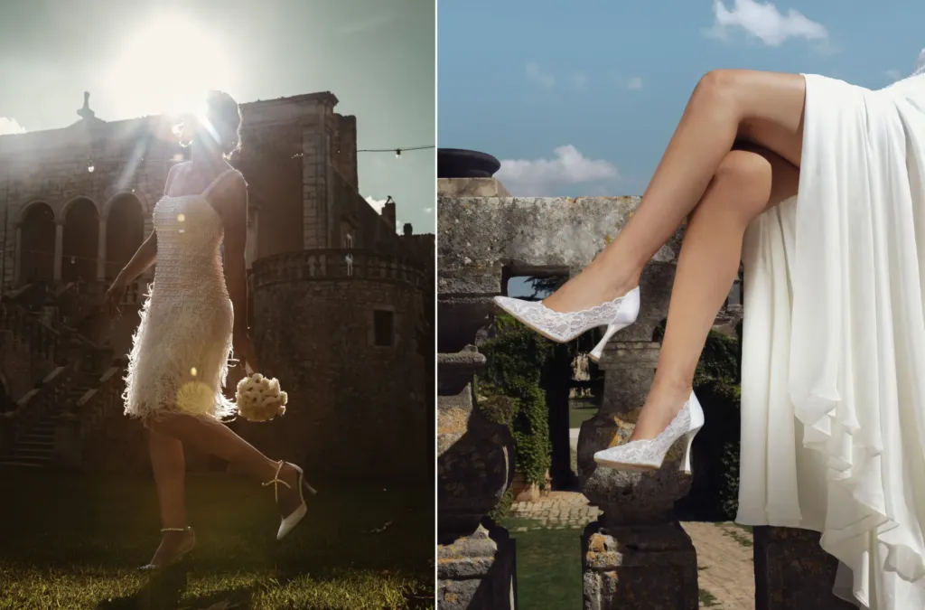 Due scatti della campagna in masseria: a sinistra la sposa controluce davanti al castello, a destra le décolleté in pizzo sulla balconata