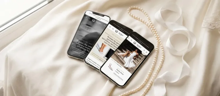 Il sito Atelier Due Emme su tre telefoni appoggiati sul raso avorio con un filo di perle: home, personalizzazione e scarpe da sposa