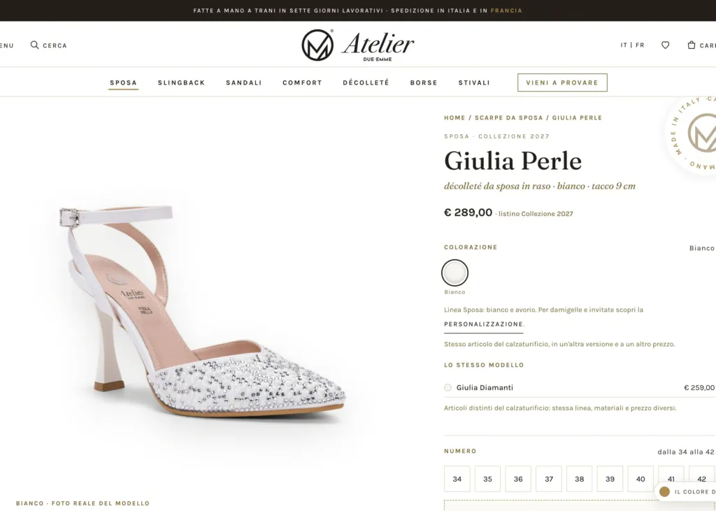 Scheda prodotto della Giulia Perle sul sito Atelier Due Emme: prezzo, colorazione, personalizzazione e numeri dalla 34 alla 42