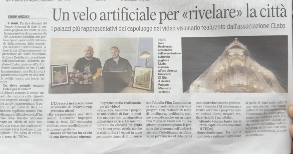 La Gazzetta del Mezzogiorno del 9 ottobre 2026 con l'intervista «Un velo artificiale per rivelare la città» a Luca Desiderato e Giancarlo Di Dio, con Palazzo Mincuzzi velato