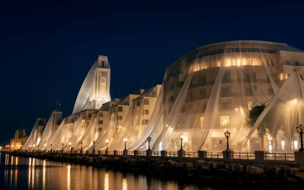 Il lungomare di Bari di notte con i palazzi avvolti dai veli, fotogramma del video realizzato con AI generativa