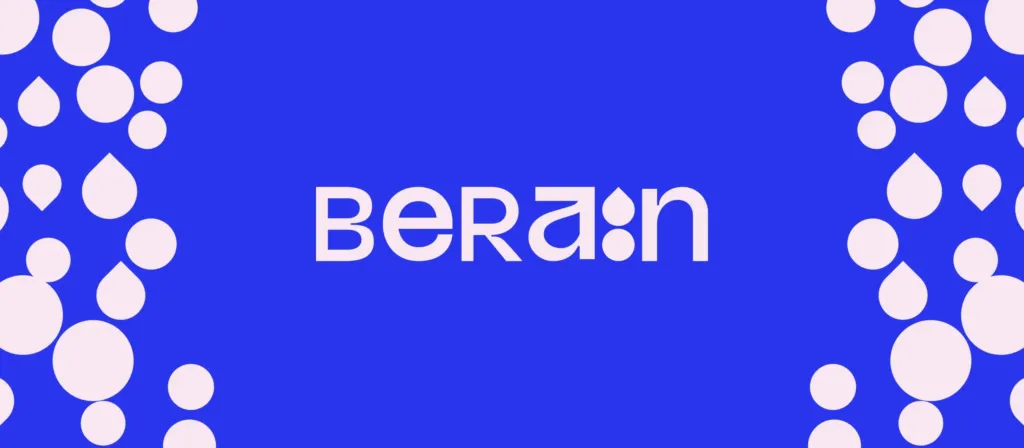Logo BeRain rosa al centro su fondo blu, con gocce e cerchi rosa ai due lati