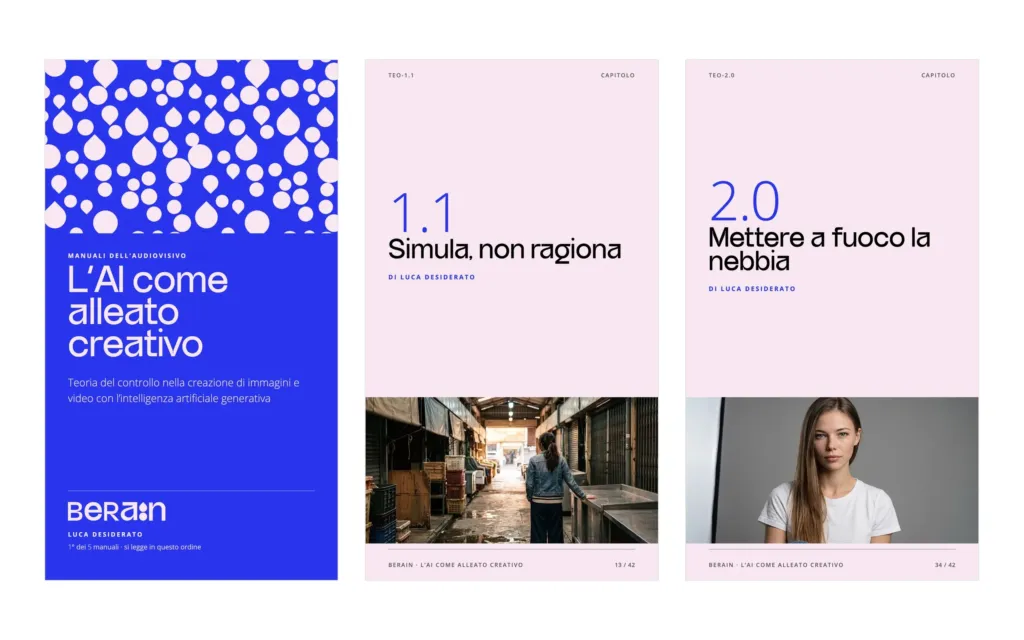 Tre slide del manuale BeRain L'AI come alleato creativo: copertina, capitolo 1.1 Simula, non ragiona e capitolo 2.0 Mettere a fuoco la nebbia