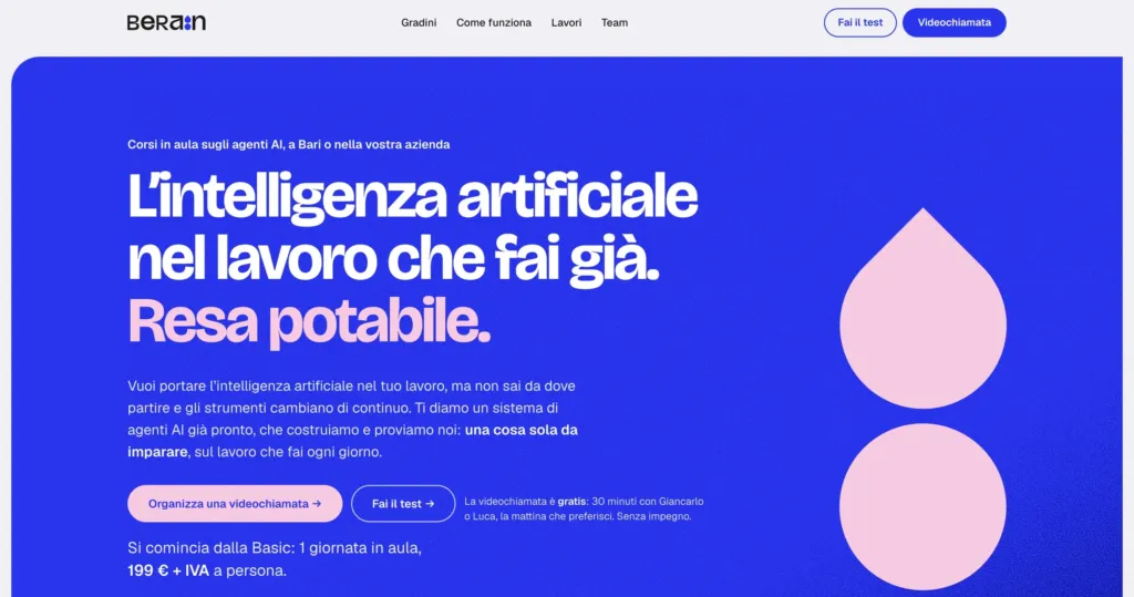 Apertura del sito berain.it su computer: L'intelligenza artificiale nel lavoro che fai già. Resa potabile, con la goccia e il cerchio rosa