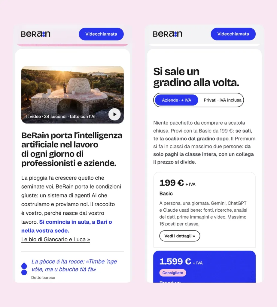 Due schermate di berain.it su telefono: la promessa di BeRain col video del trullo e i gradini dei corsi con i prezzi