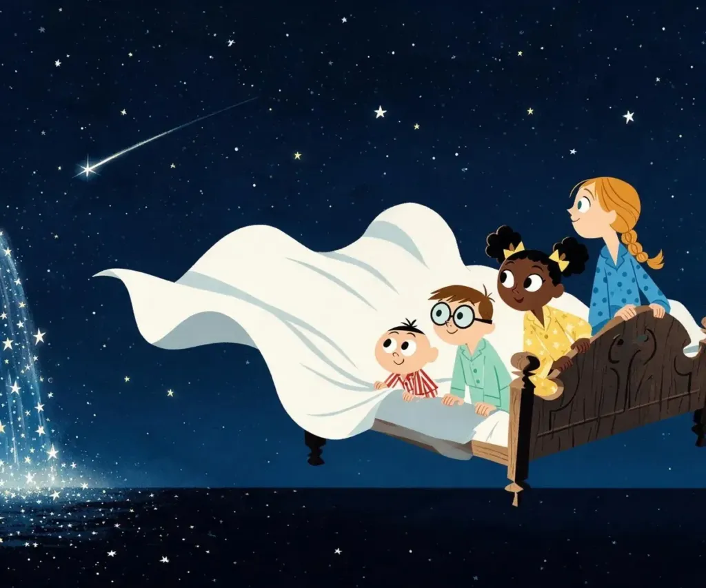 Illustrazione generata con AI: quattro bambini in pigiama volano su un letto accanto a una cascata di stelle, nella notte