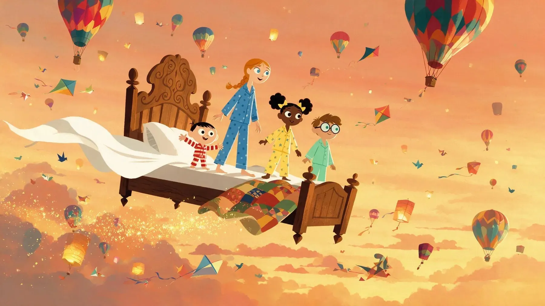 Illustrazione del sito Cinema in Ospedale: quattro bambini in pigiama volano su un letto tra le mongolfiere