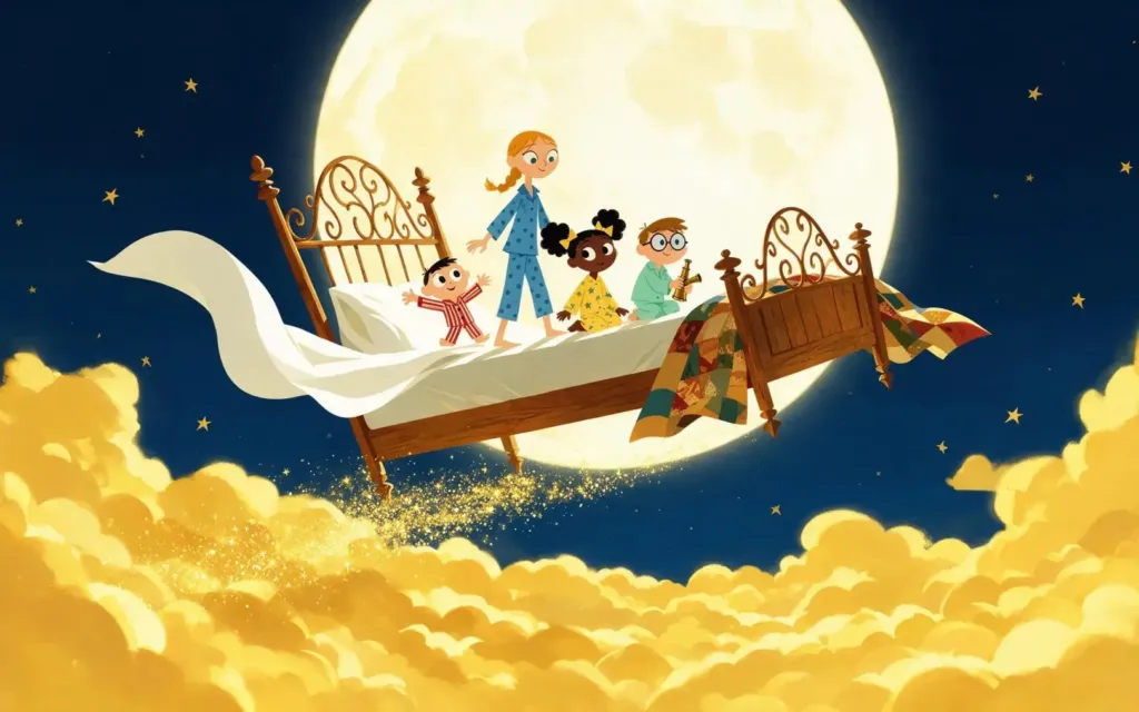 Illustrazione generata con AI: il letto volante con quattro bambini su un mare di nuvole dorate davanti alla luna piena