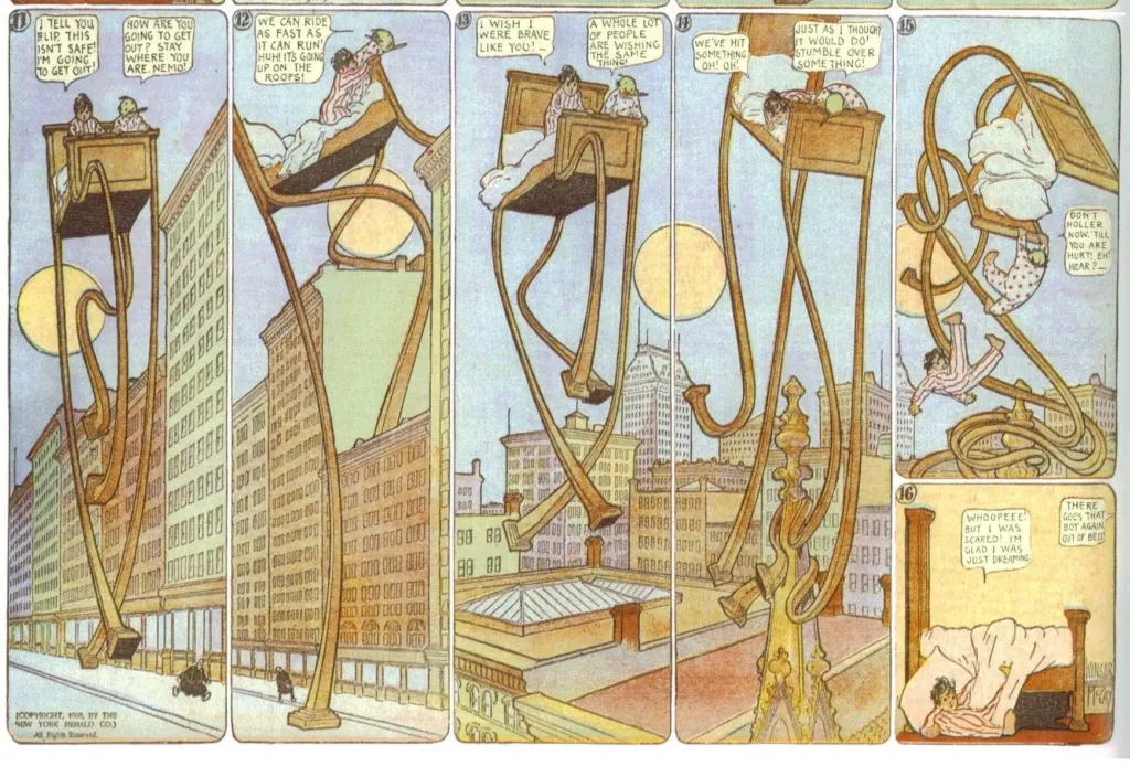 Little Nemo in Slumberland di Winsor McCay, 26 luglio 1908: il letto con le gambe lunghe cammina sopra i palazzi