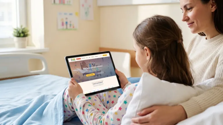 Una bambina in ospedale guarda Cinema in Ospedale su un tablet insieme alla mamma; immagine di scena generata con AI, sullo schermo il sito vero
