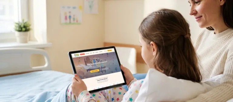 Una bambina in ospedale guarda Cinema in Ospedale su un tablet insieme alla mamma; immagine di scena generata con AI, sullo schermo il sito vero