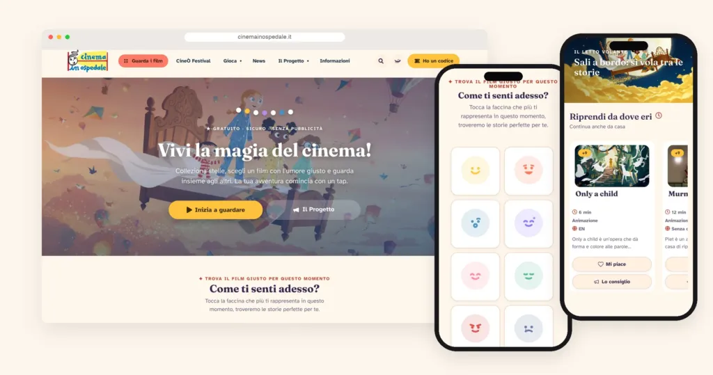Il sito cinemainospedale.it su un browser desktop e su due telefoni: la home con il letto volante, la ruota delle emozioni e la sezione «Sali a bordo»