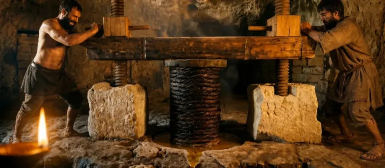 Due uomini spingono le presse di legno nel frantoio ipogeo di Masseria Brancati alla luce di una lucerna, ricostruzione storica con AI