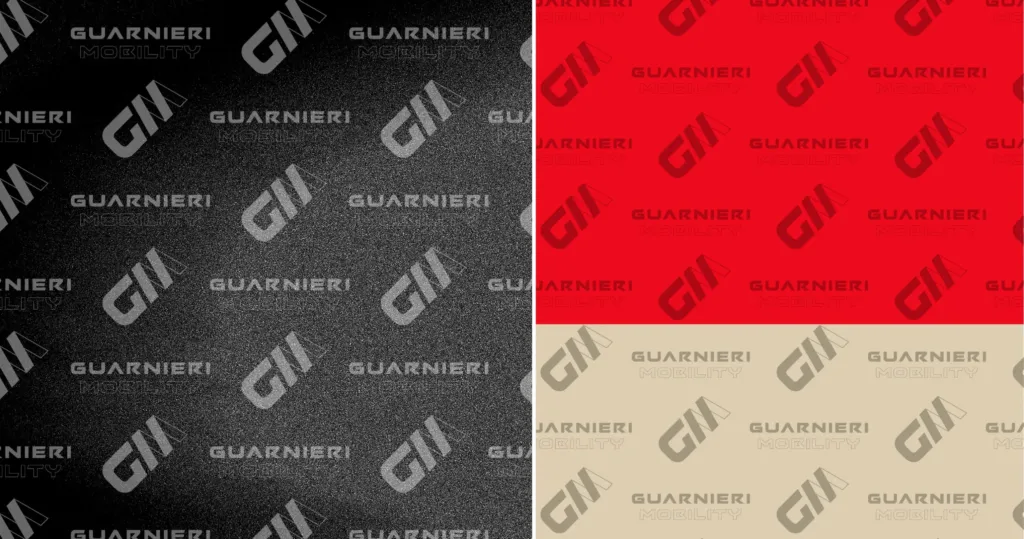 Il pattern dei monogrammi GM su nero, rosso e sabbia, dal manuale d'uso di Guarnieri Mobility
