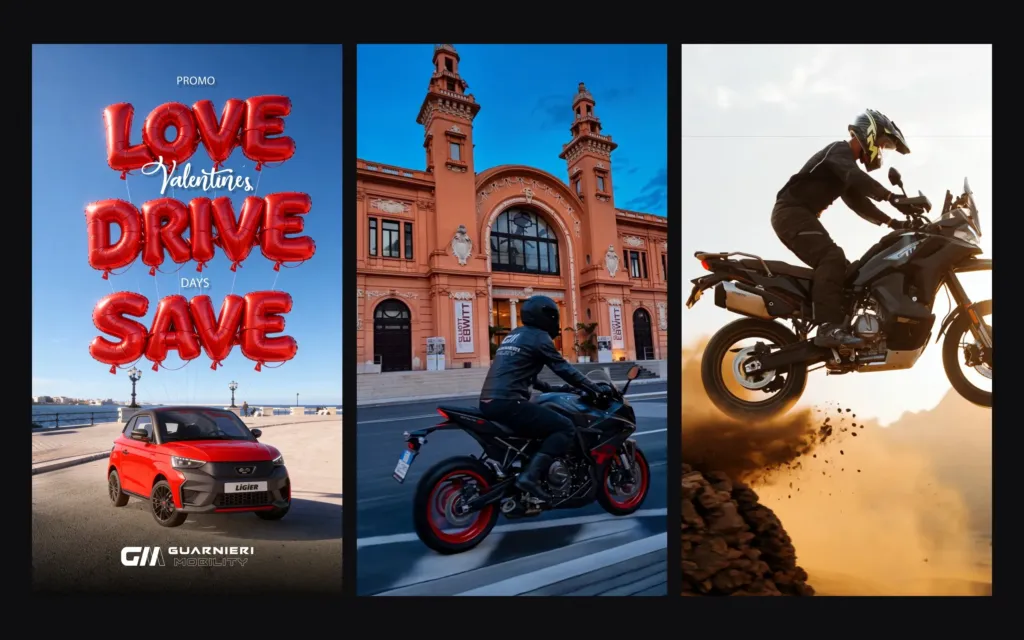 Tre fotogrammi dei reel con l'AI: la Ligier sotto le lettere Love Drive Save, la Suzuki GSX-8R davanti al Petruzzelli, la CFMOTO 800MT-X in salto nel deserto