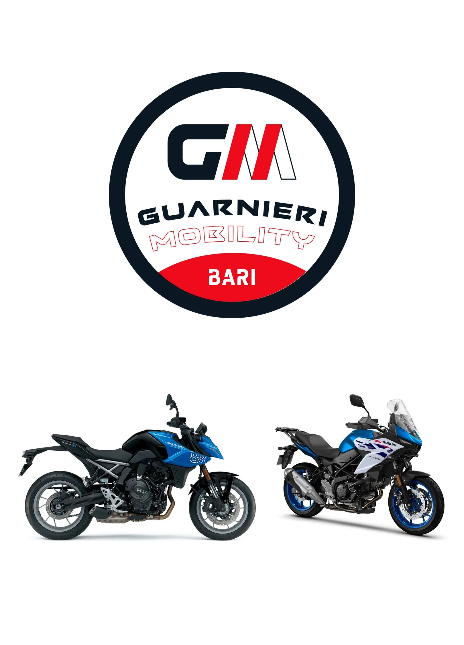 Lo stemma tondo Guarnieri Mobility Bari e sotto due Suzuki ufficiali che si guardano: una GSX-8S blu e una SV-7GX