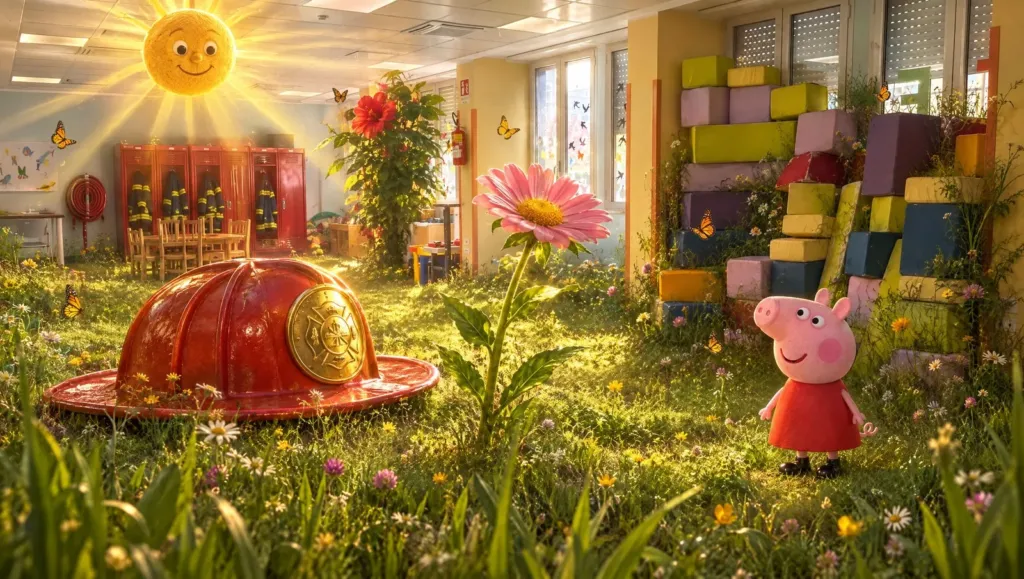 Hospital Prompt: uno spazio dell'Ospedale Giovanni XXIII di Bari reimmaginato con l'AI dal disegno di un bambino, un prato con un elmetto gigante da pompiere e un grande fiore
