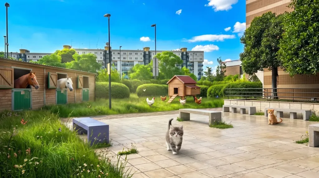 Hospital Prompt: uno spazio dell'Ospedale Giovanni XXIII di Bari reimmaginato con l'AI dal disegno di un bambino, una piazza che diventa un cortile di campagna con i box dei cavalli, le galline e i gattini