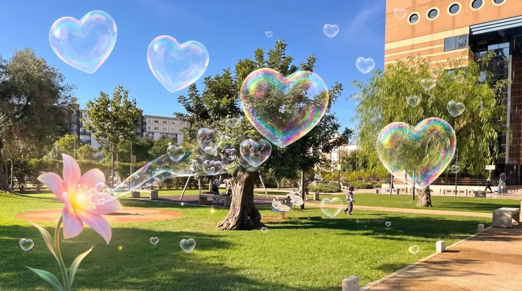 Hospital Prompt: uno spazio dell'Ospedale Giovanni XXIII di Bari reimmaginato con l'AI dal disegno di un bambino, un giardino con bolle di sapone a forma di cuore e un grande fiore luminoso