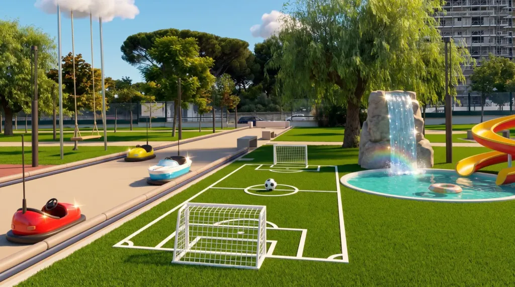 Hospital Prompt: uno spazio dell'Ospedale Giovanni XXIII di Bari reimmaginato con l'AI dal disegno di un bambino, un cortile che diventa un parco con autoscontri, campo da calcio e fontana arcobaleno