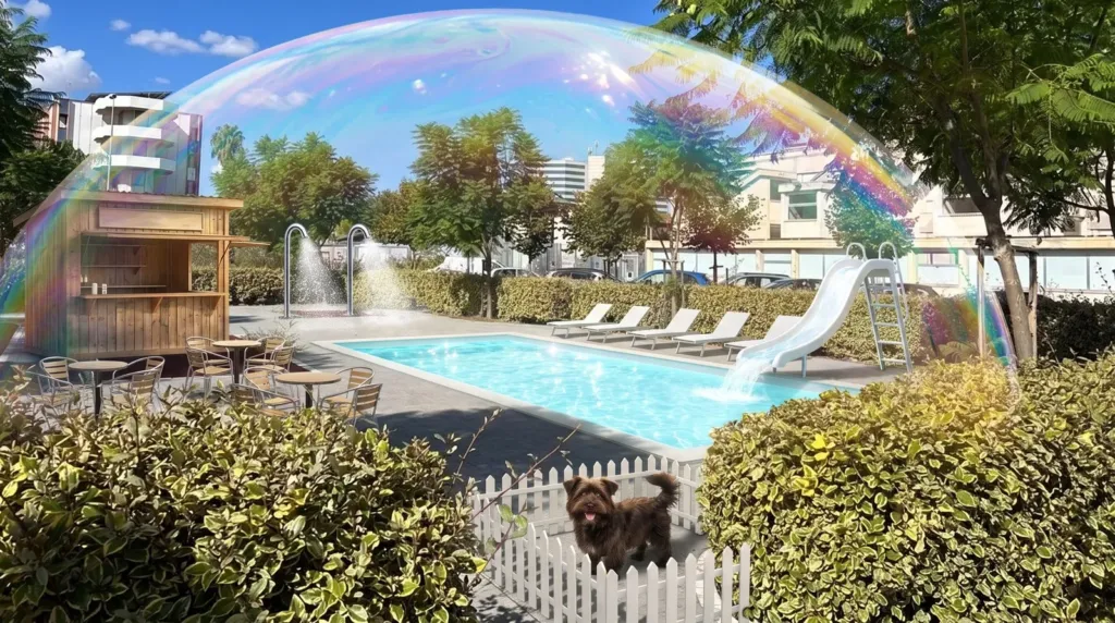 Hospital Prompt: uno spazio dell'Ospedale Giovanni XXIII di Bari reimmaginato con l'AI dal disegno di un bambino, uno spazio esterno che diventa una piscina con l'arcobaleno e uno scivolo