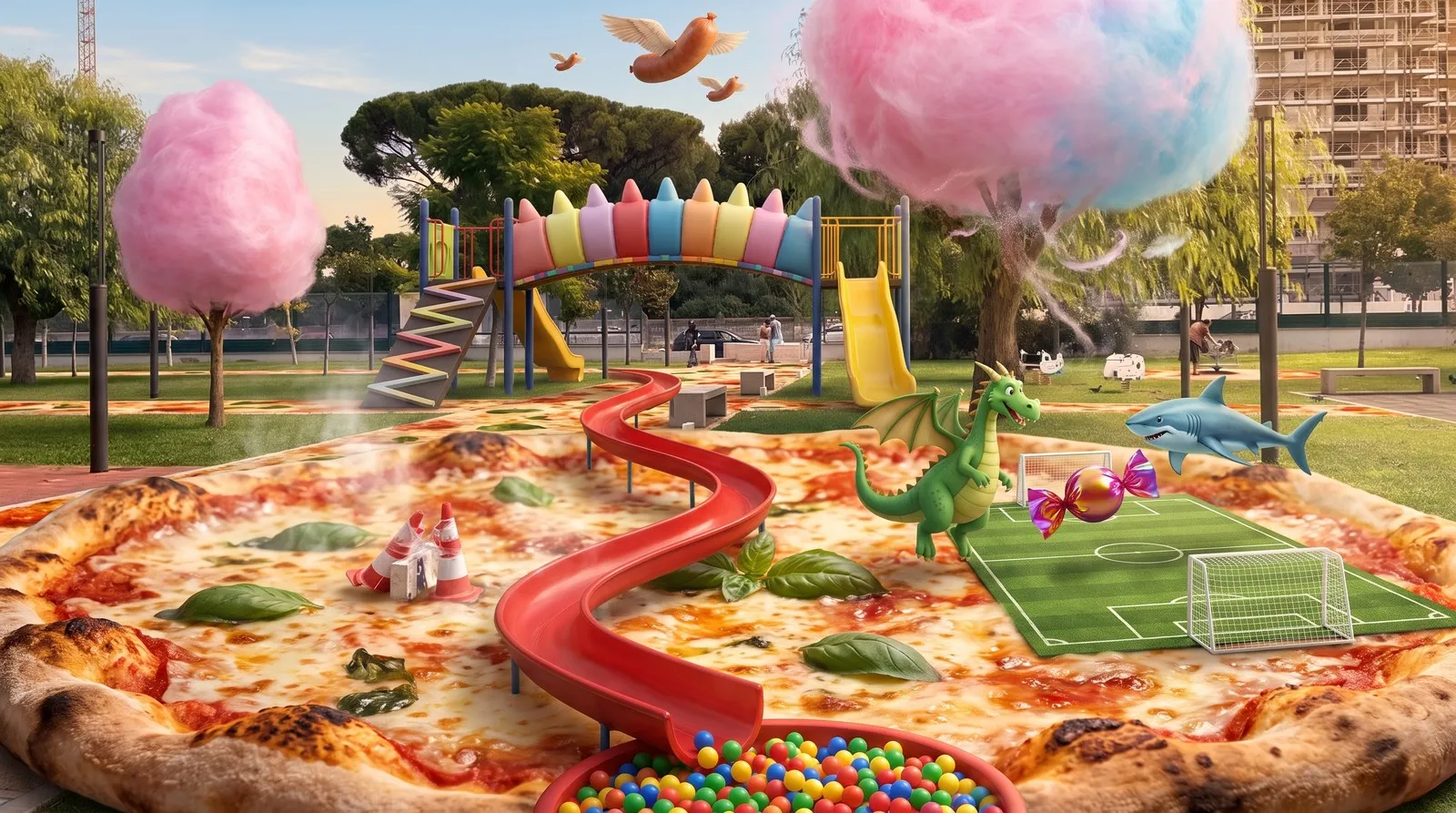 Hospital Prompt: uno spazio dell'Ospedale Giovanni XXIII di Bari reimmaginato con l'AI dal disegno di un bambino, una piazza che diventa un parco giochi con una pizza gigante, scivoli e un campo da calcio