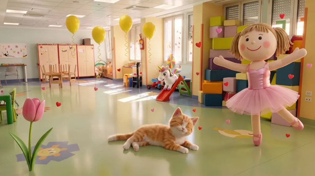 Hospital Prompt: uno spazio dell'Ospedale Giovanni XXIII di Bari reimmaginato con l'AI dal disegno di un bambino, una stanza dei giochi con una ballerina, un gattino e palloncini a cuore