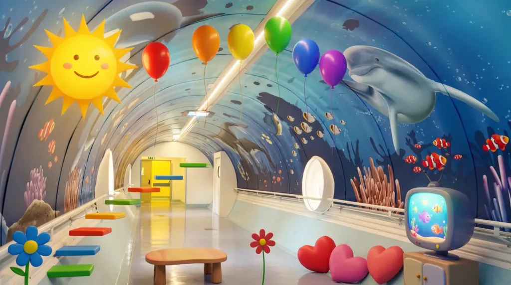 Hospital Prompt: uno spazio dell'Ospedale Giovanni XXIII di Bari reimmaginato con l'AI dal disegno di un bambino, un corridoio che diventa un tunnel sottomarino con un delfino e pesci colorati