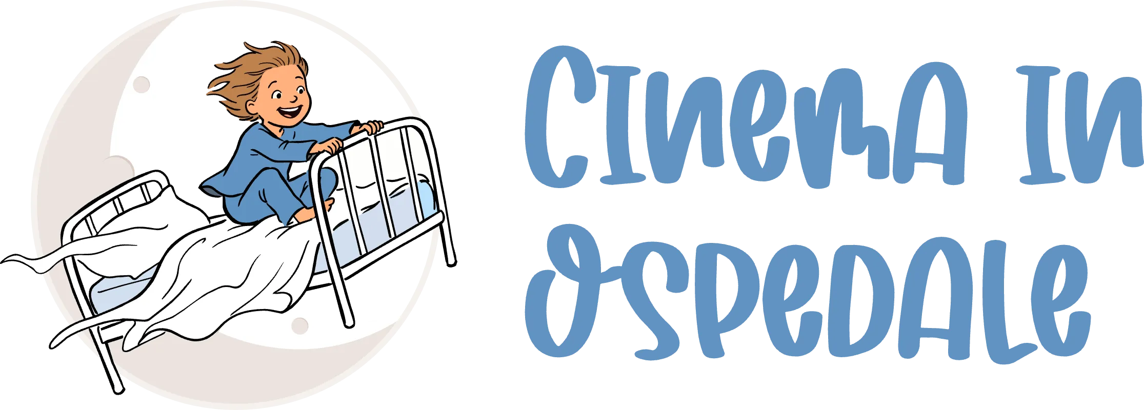 Logo Cinema in Ospedale: un bambino sul letto volante davanti alla luna