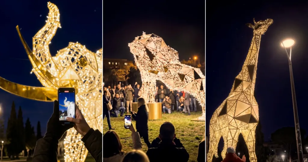 Tre fotogrammi del video con l'AI: la gente fotografa con il telefono l'elefante, il leone e la giraffa di luminarie nel Parco 2 Giugno