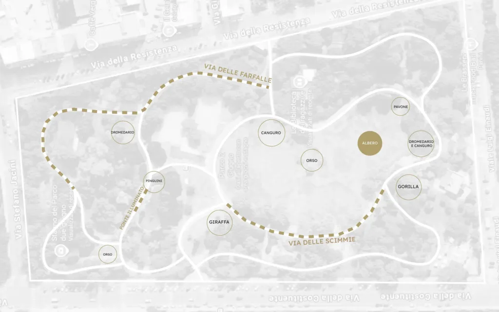 La mappa della proposta: il percorso luminoso nel Parco 2 Giugno con la Via delle Farfalle, la Via delle Scimmie e la posizione di ogni animale