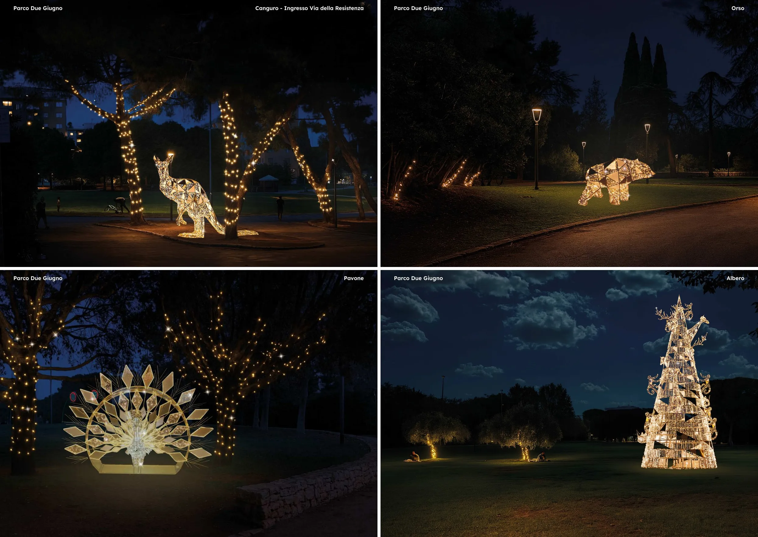 Quattro tavole della proposta per il Parco 2 Giugno, rendering con l'AI: il canguro all'ingresso di via della Resistenza, l'orso, il pavone e il grande albero di luminarie al centro del parco