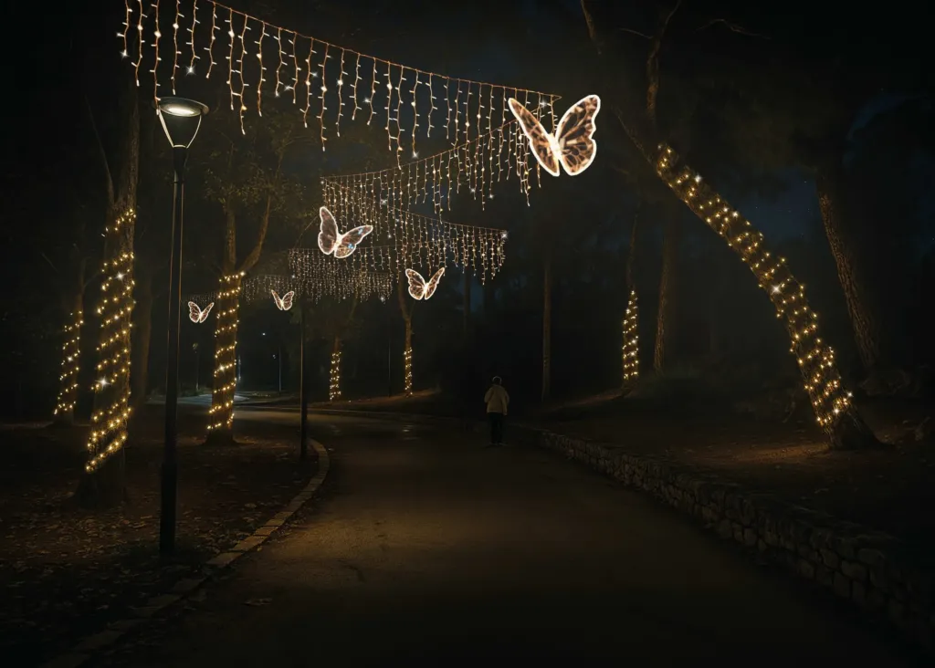 Rendering con l'AI: la Via delle Farfalle, un viale del Parco 2 Giugno con tende di luci e farfalle luminose